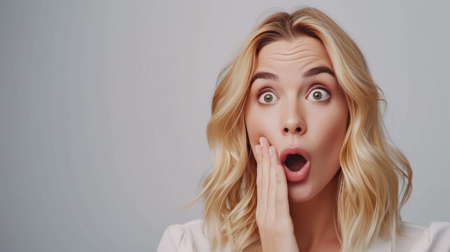 Pretty blond girl in shock and surprise closing mouth with hand looking aside over grey studio background. copy space, banner --ar 16:9 --v 6 Job ID: f90fb111-899b-44d7-a4e3-5d56df4657f2