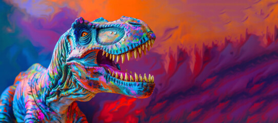 Bright multi-colored dinosaur tyrannosaurus. Rainbow colors on a bright multicolored background. Banner with place for text. Beautiful postcard and advertisement. Funny animals