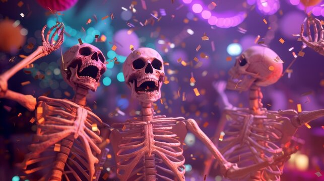 Realistic 3 Skeletons Dancing At Party, Throwing Confetti In The Air --ar 16:9 --v 6 Job ID: 14101f20-37af-42d9-bfc0-c3433a684f02