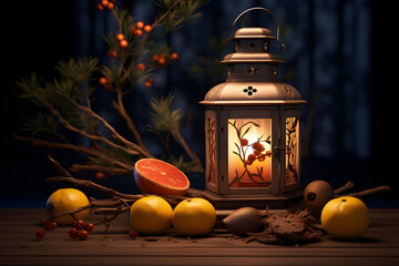 Lantern with burning candle, orange and berries on wooden table