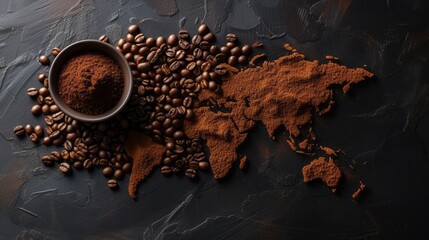 Set of coffee beans and ground coffee in the shape of a world map. Top view. On a dark background. --ar 16:9 --v 6 Job ID: 923fc354-0987-4cf0-b46f-86288ffc36ab