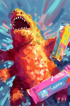 cute godzilla in the style of contempory oil painting, vibrant