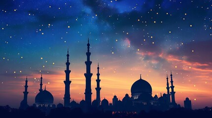 Silhouette mosque background at night --ar 16:9 --v 6 Job ID: 7877d9f4-20bd-4b43-805a-f169988c2a87 - obrazy, fototapety, plakaty