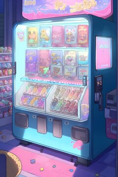 kawaii style art, kawaii snack food characters behind vending machine glass, japanese, cute