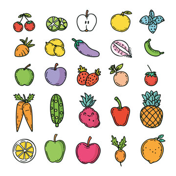 Set with hand drawn colorful doodle fruits and ve