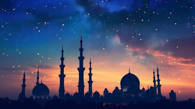 Silhouette mosque background at night --ar 16:9 --v 6 Job ID: 7877d9f4-20bd-4b43-805a-f169988c2a87