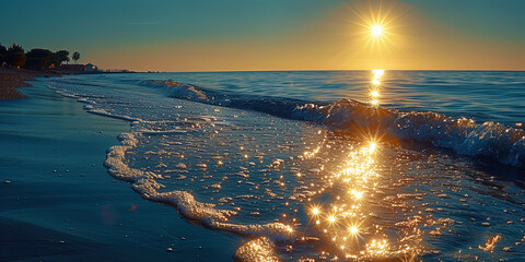 A calm sea, strewn with light bubbles of water, like a diamond blanket under sunli - obrazy, fototapety, plakaty