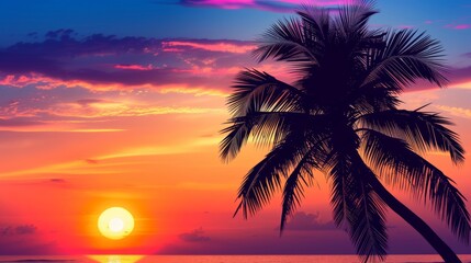 Fototapeta na wymiar Silhouette of palm tree on beautiful sunset orange color on nature background --ar 16:9 --v 6 Job ID: 7f02f294-7b99-418e-b538-ff41bce773a3