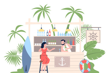 Girl in beach bar. Woman on summer vacation, drinks and communication in seaside cafe with barman. Female rest on sea, flat recent vector scene