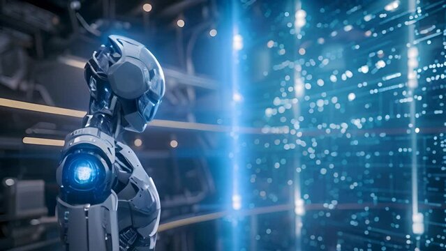 Futuristic robot with a sophisticated headpiece interfaces with a digital data stream in a high-tech environment