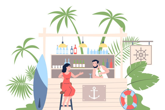 Girl in beach bar. Woman on summer vacation, drinks and communication in seaside cafe with barman. Female rest on sea, flat recent vector scene