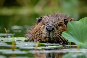 Detailed view of a beaver's face amongst water lilies, with a focus on its wet fur and attentive eyes in its natural habitat.