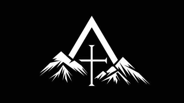 Sports logo vector-style image of a logo that is mountain themed and add christian cross component to it. make it simple and black and white. make the center of the logo be an "a" -