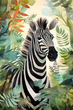 a painting of an zebra surrounded by leaves, a storybook illustration by Emily Murray Paterson, behance contest winner, art   language, storybook illustration, whimsical, watercolor