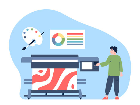 Printshop worker. Man work with polygraphy printer, choose colors and ink. Prepress and printing. Typography equipment and service, recent vector scene