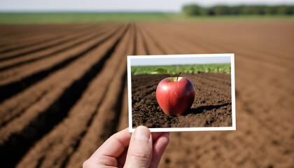 Conceptual photo of a hand holding a photo of an apple waiting for the future where its plowed field will produce food - 739530225
