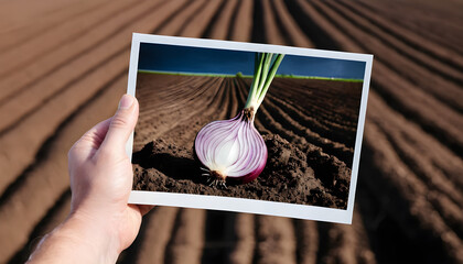 Conceptual photo of a hand holding a photo of an onion waiting for the future where its plowed field will produce food - 739530255