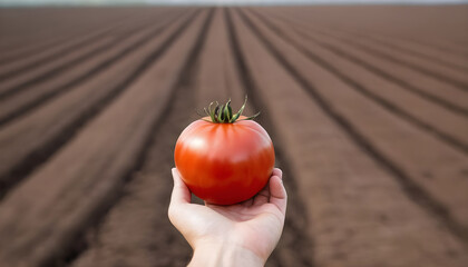 Conceptual photo of a hand holding a photo of a tomato waiting for the future where its plowed field will produce food - 739530269