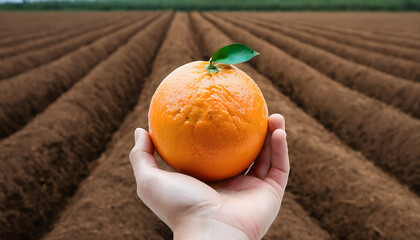 Conceptual photo of a hand holding a photo of an orange waiting for the future where its plowed field will produce food - 739530289