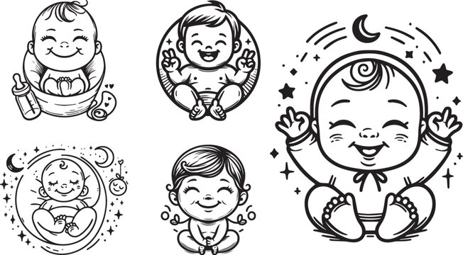 cute happy baby set, black and white smile baby character, baby smile vector graphics