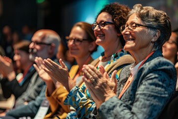 Obraz premium Happy colleagues applauding while sitting in conference event at convention center business people sit together in convention hall listen seminar success clapping happiness, soft light.