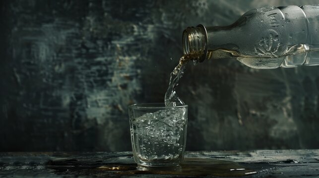 Studio concept image of pouring water from an old glass bottle into a glass. --ar 16:9 --v 6 Job ID: e185087b-3d1f-4089-a4fc-55400b450b64
