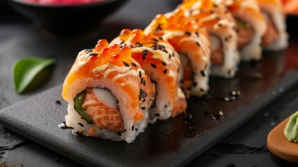 Sushi roll on dark background. Japanese and asian food concept --ar 16:9 --v 6 Job ID: 5cc13aff-3621-48b5-8976-1dba6a2d9814