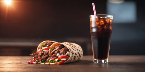 Fresh doner kebab or shawarma and glass of cola drink on restaurant background. Generative Ai 
