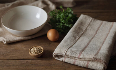Kitchen setting, tea towel, cosy homely setting, baking