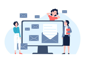 Email spam. Office woman in shock, deadline and a lot of letters. Time management, burnout and stress. Workers and boss, female on job vector scene