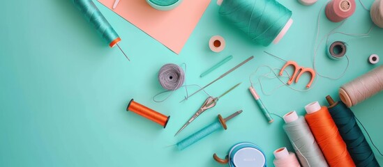 threads and sewing accessories on color background