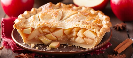Delicious homemade apple pie with a missing slice on a white plate - Powered by Adobe
