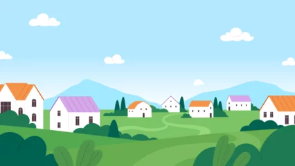 Poster Mountain valley landscape. Mountains village, green hills and houses, different tree. Summer day on nature, cartoon neighborhood vector scene © LadadikArt