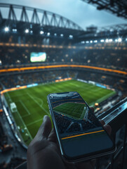  textured soccer game field and a hand holding a smartphone - center, midfield. 3D-Illustration