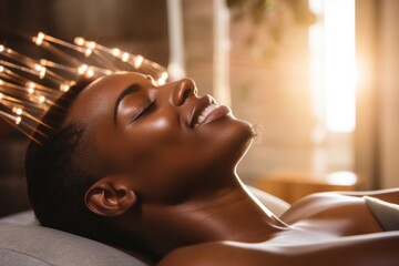 Man receiving relaxing access bars therapy session with sunlight for stress relief and rejuvenation