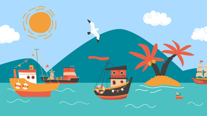 Sea or ocean transportation. Water logistic and delivery, adventures and travel. Different ships and island with palm, mountains, marine vector landscape