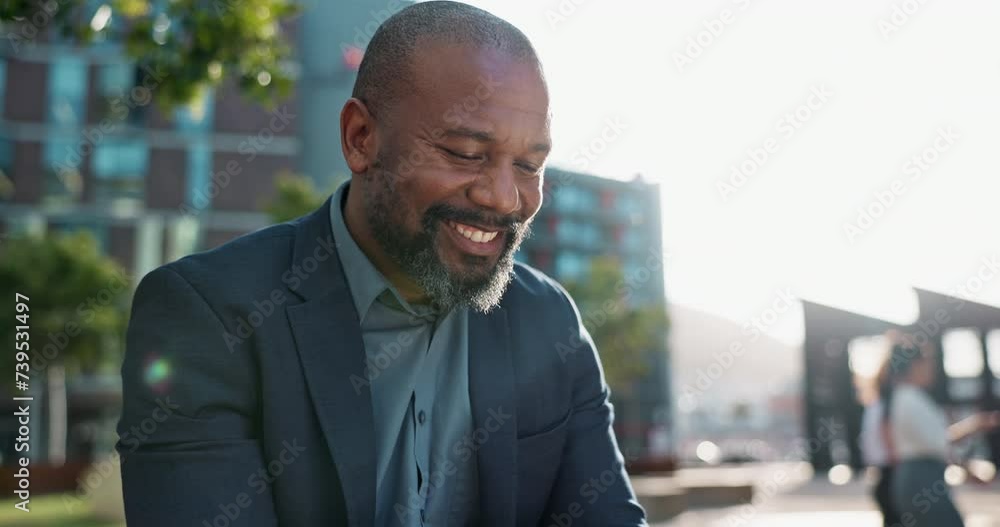 Poster smile, phone and african businessman in the city networking on social media, mobile app or internet.
