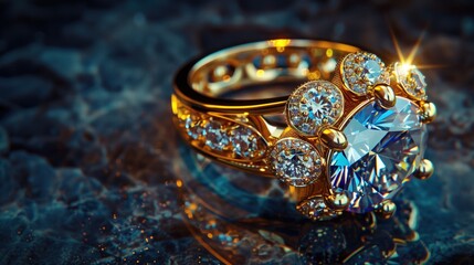Fototapeta premium Precious glowing golden ring wtih big diamond or adamant on dark rocky surface lit with light
