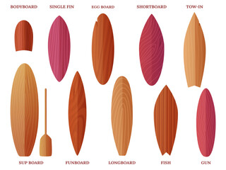 Surfing board wooden collection. Various surf boards types. Isolated longboard, bodyboard, shortboard. Extreme water sport nowaday vector equipment