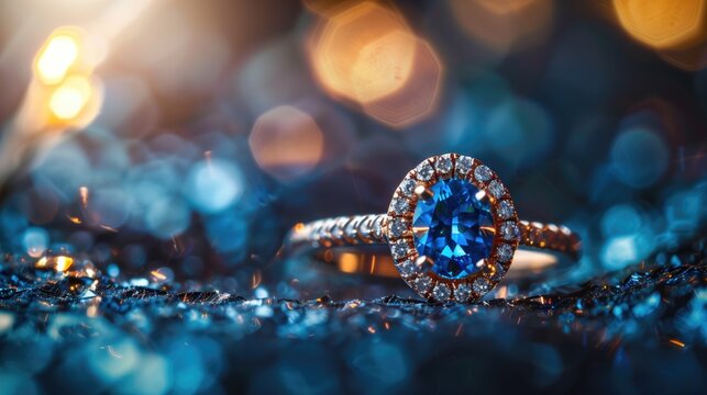 Golden ring and blue gemstone Sapphire aquamarine zircon moissanite topaz or tourmaline lit with lamp light on neutral shimmering blue background