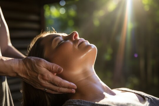Man relaxing during access bars therapy with sunlight streaming in, 32 points on head gently touched