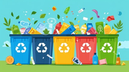 Waste sorting, Sorting waste for recycling, garbage sorting, recycling bins. Different types of garbage: paper, plastics, scrap metal, glass, organic, e-waste. Modern flat vector illustration. - obrazy, fototapety, plakaty
