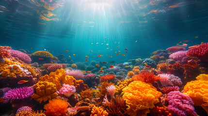 Fototapeta premium Colorful coral reefs, inhabited by various marine inhabitants, like an underwater city of miracl