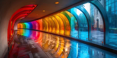Crédence de cuisine en verre imprimé Rotterdam Colorful reflections on the glass surfaces of the tunnel, like a rainbow in gray everyday l