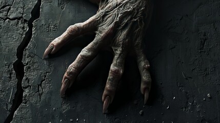 Zoomed-out view of a creepy, masculine hand with thick, claw-like nails, prominent veins, and rough skin texture, reaching out from the shadows of a black, crumbling wall,