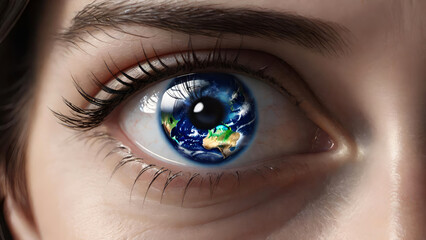 Planet Earth reflected in a woman's eye. Save the Earth, environmental safety and conservation concept.Generative AI