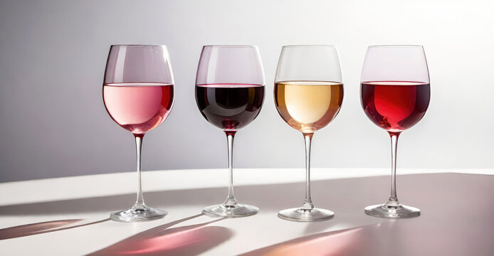 Rose,red and white wine in a wine glasses on white background at sunny day.Generative AI