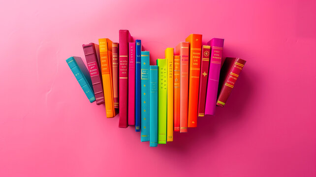 Colorful hardcover books arranged in a heart shape on a vibrant pink background, symbolizing a love of reading and a passion for stories. 