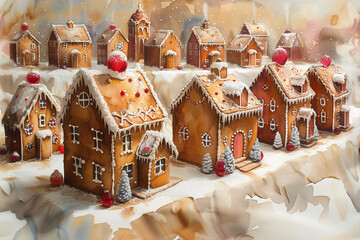 Cute cozy gingerbread houses. Background.
