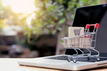 Shopping online. cardboard box with a shopping cart logo in a trolley on laptop keyboard. Shopping...